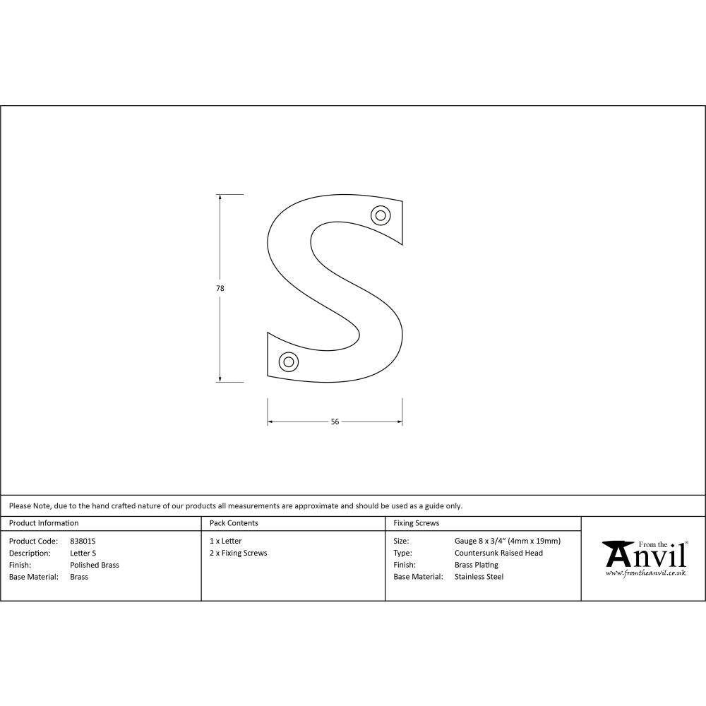 High quality image of From The Anvil - Polished Brass Letter S | Sku. 83801s | Trade Door Handles, Kendal.