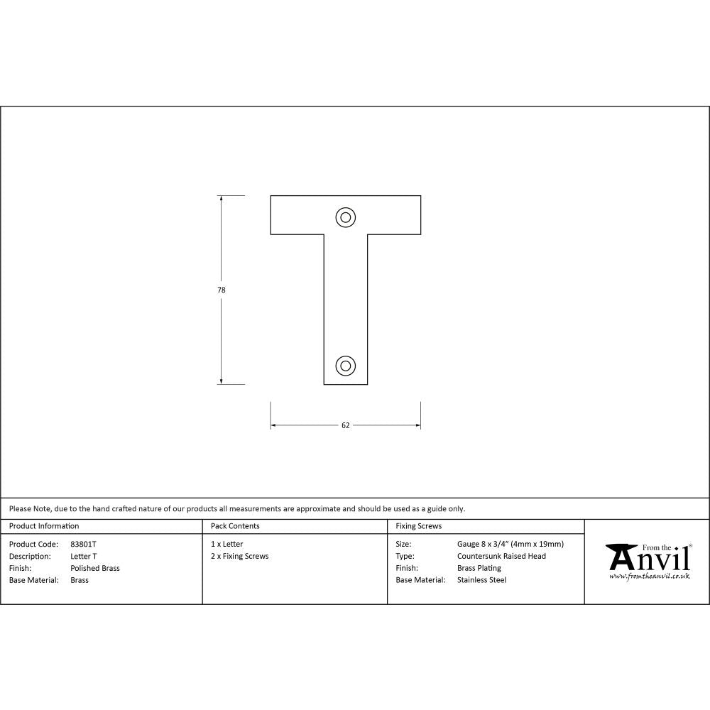 High quality image of From The Anvil - Polished Brass Letter T | Sku. 83801t | Trade Door Handles, Kendal.