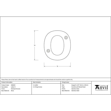 High quality image of From The Anvil - Polished Chrome Letter O | Sku. 83802o | Trade Door Handles, Kendal.