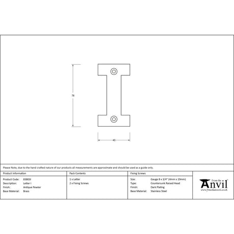 High quality image of From The Anvil - Antique Pewter Letter I | Sku. 83803i | Trade Door Handles, Kendal.