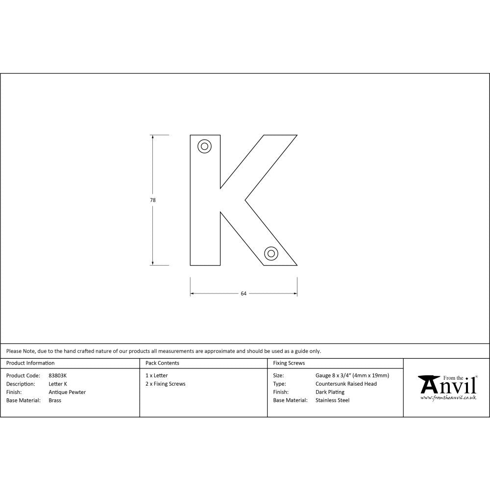 High quality image of From The Anvil - Antique Pewter Letter K | Sku. 83803k | Trade Door Handles, Kendal.