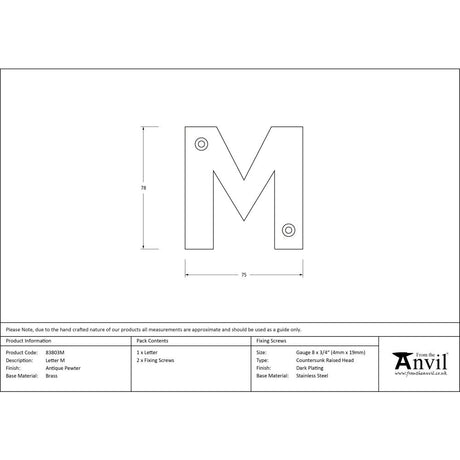 High quality image of From The Anvil - Antique Pewter Letter M | Sku. 83803m | Trade Door Handles, Kendal.