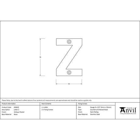 This is an image showing From The Anvil - Antique Pewter Letter Z available from trade door handles, quick delivery and discounted prices