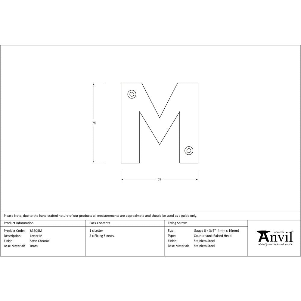 High quality image of From The Anvil - Satin Chrome Letter M | Sku. 83804m | Trade Door Handles, Kendal.