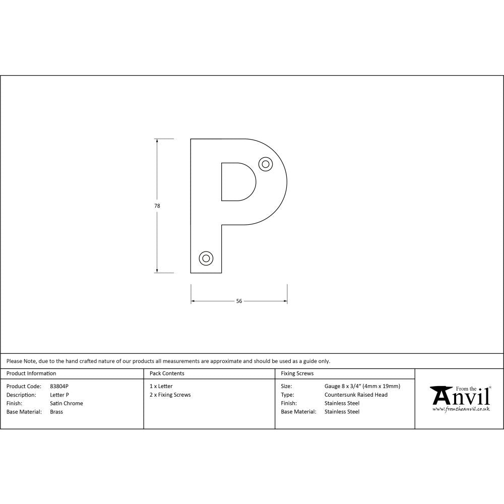 High quality image of From The Anvil - Satin Chrome Letter P | Sku. 83804p | Trade Door Handles, Kendal.