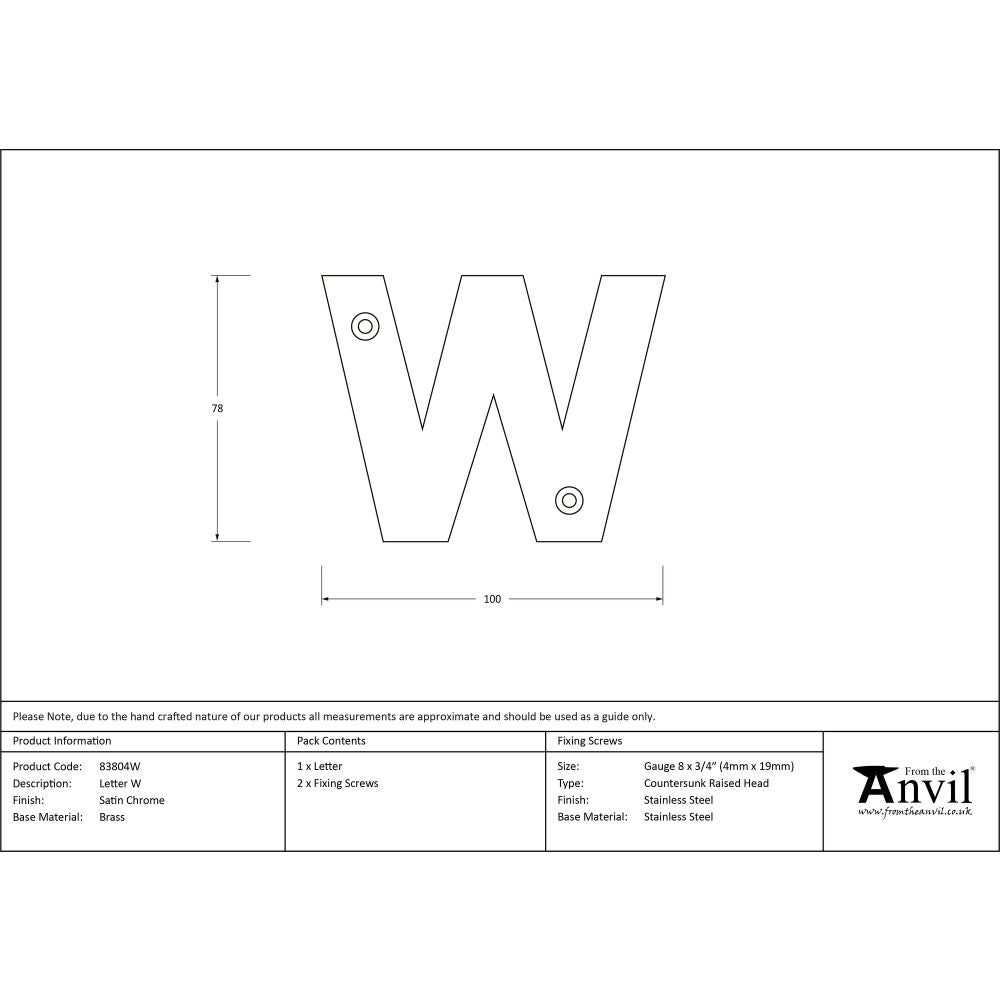 This is an image showing From The Anvil - Satin Chrome Letter W available from trade door handles, quick delivery and discounted prices