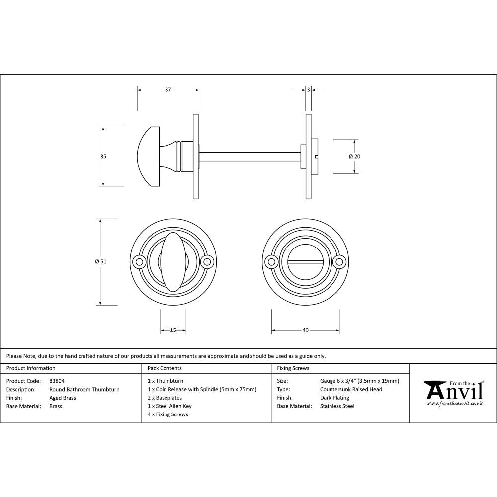 This is an image showing From The Anvil - Aged Brass Round Bathroom Thumbturn available from trade door handles, quick delivery and discounted prices