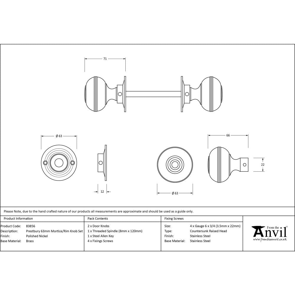 This is an image showing From The Anvil - Polished Nickel 63mm Prestbury Mortice/Rim Knob Set available from trade door handles, quick delivery and discounted prices