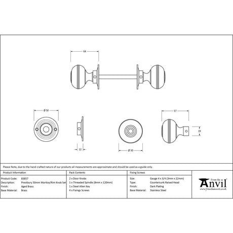 This is an image showing From The Anvil - Aged Brass 50mm Prestbury Mortice/Rim Knob Set available from trade door handles, quick delivery and discounted prices