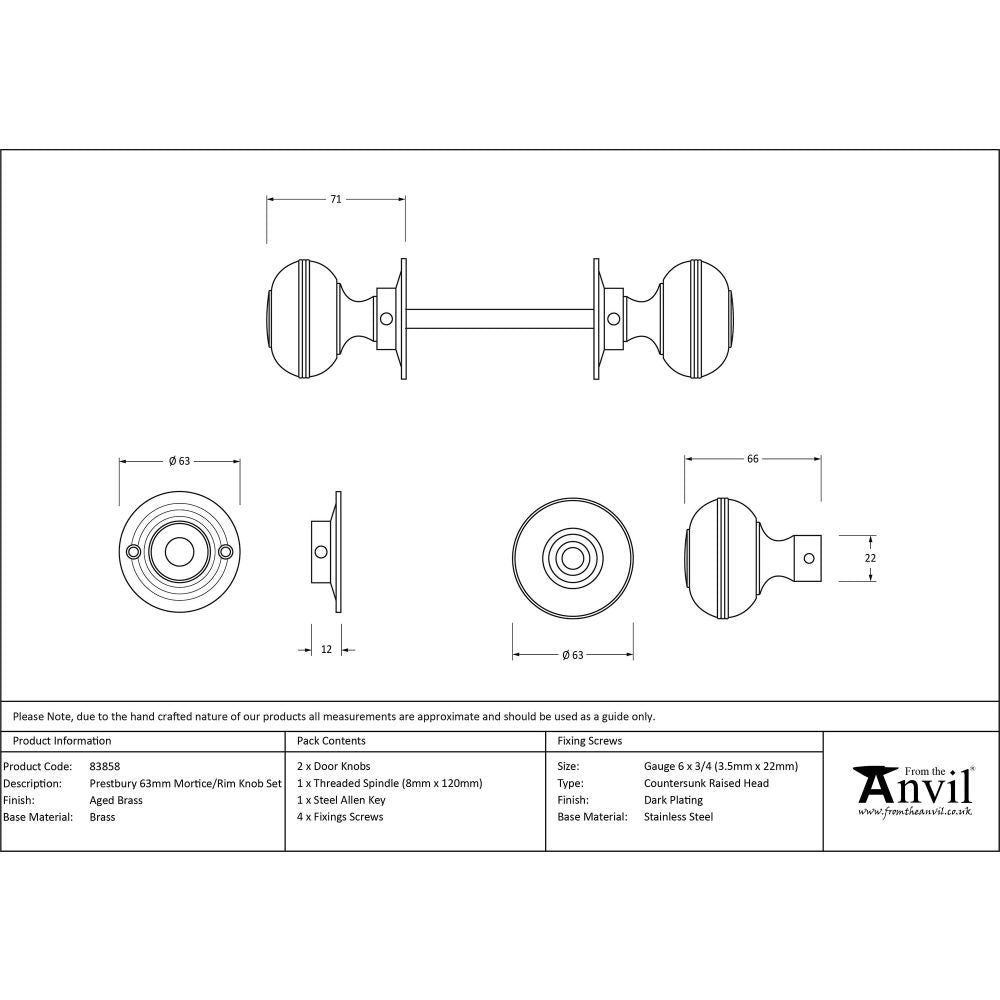 This is an image showing From The Anvil - Aged Brass 63mm Prestbury Mortice/Rim Knob Set available from trade door handles, quick delivery and discounted prices