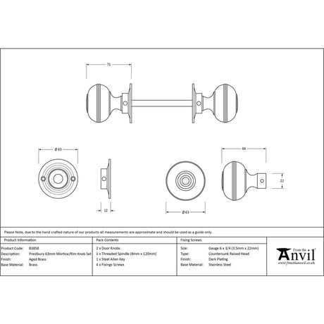 This is an image showing From The Anvil - Aged Brass 63mm Prestbury Mortice/Rim Knob Set available from trade door handles, quick delivery and discounted prices