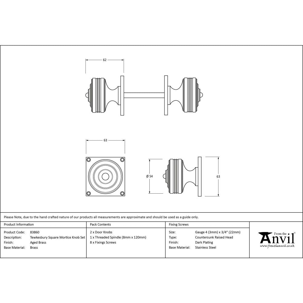 This is an image showing From The Anvil - Aged Brass Tewkesbury Square Mortice Knob Set available from trade door handles, quick delivery and discounted prices