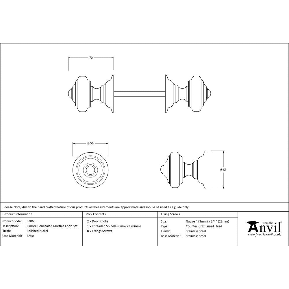 This is an image showing From The Anvil - Polished Nickel Elmore Concealed Mortice Knob Set available from trade door handles, quick delivery and discounted prices