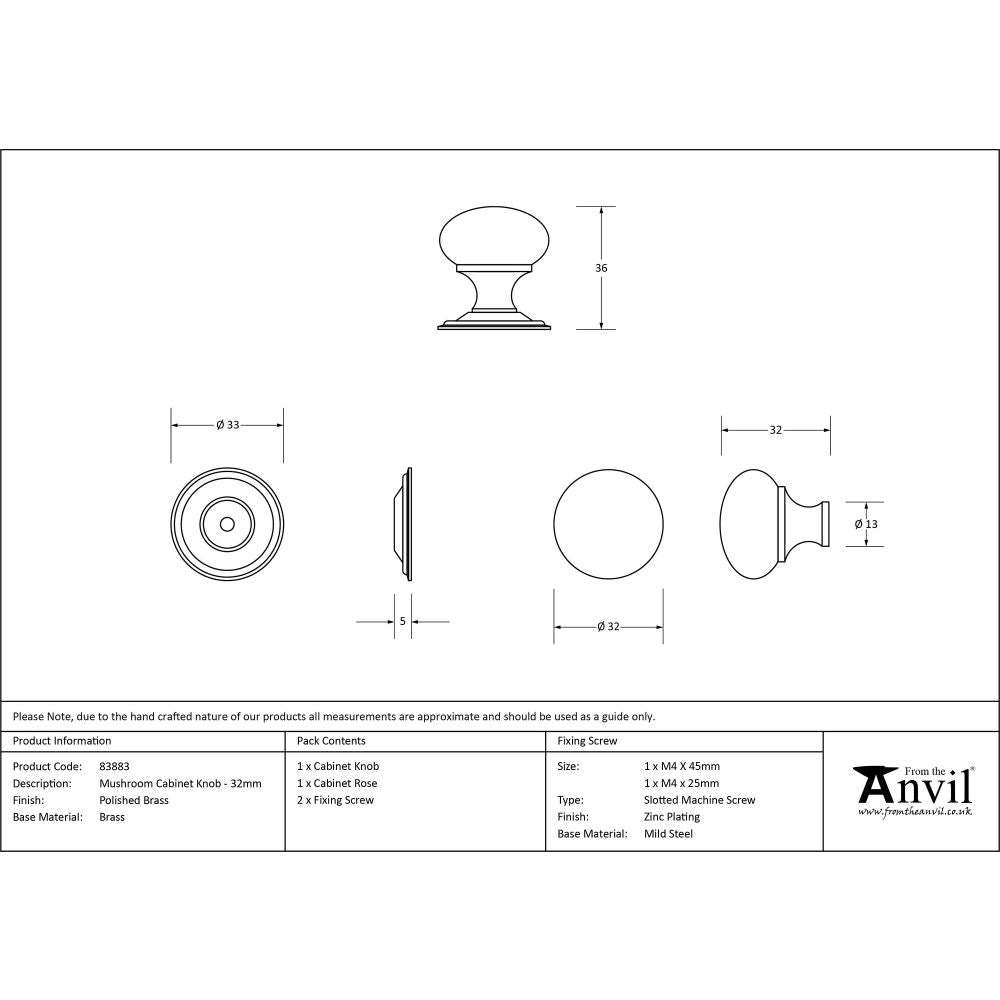 This is an image showing From The Anvil - Polished Brass Mushroom Cabinet Knob 32mm available from trade door handles, quick delivery and discounted prices