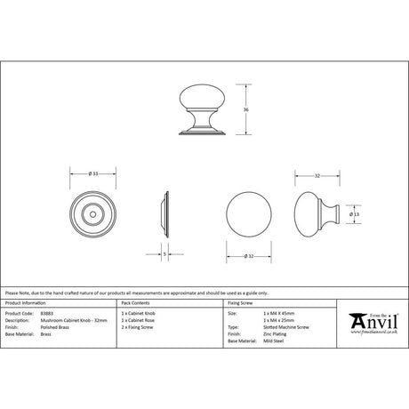 This is an image showing From The Anvil - Polished Brass Mushroom Cabinet Knob 32mm available from trade door handles, quick delivery and discounted prices