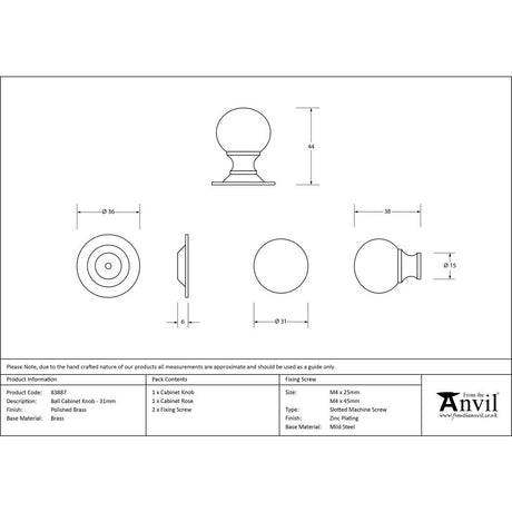 This is an image showing From The Anvil - Polished Brass Ball Cabinet Knob 31mm available from trade door handles, quick delivery and discounted prices