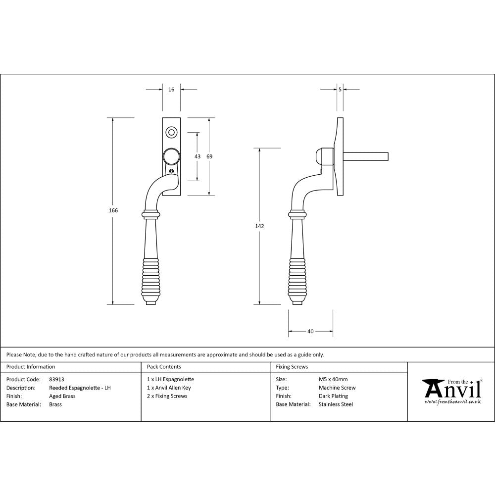 High quality image of From The Anvil - Aged Brass Reeded Espag - LH | Sku. 83913 | Trade Door Handles, Kendal.
