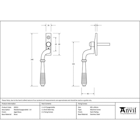 This is an image showing From The Anvil - Aged Brass Reeded Espag - LH available from trade door handles, quick delivery and discounted prices