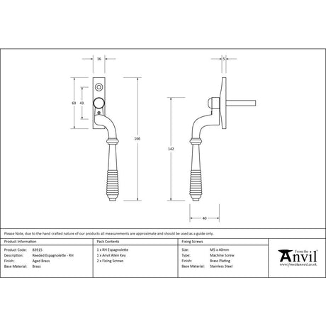 High quality image of From The Anvil - Aged Brass Reeded Espag - RH | Sku. 83915 | Trade Door Handles, Kendal.