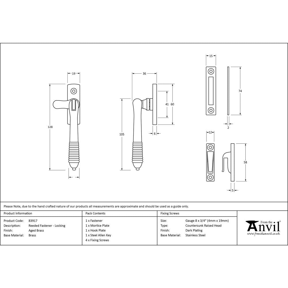 This is an image showing From The Anvil - Aged Brass Locking Reeded Fastener available from trade door handles, quick delivery and discounted prices