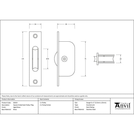 High quality image of From The Anvil - Aged Brass Square Ended Sash Pulley 75kg | Sku. 83919 | Trade Door Handles, Kendal.