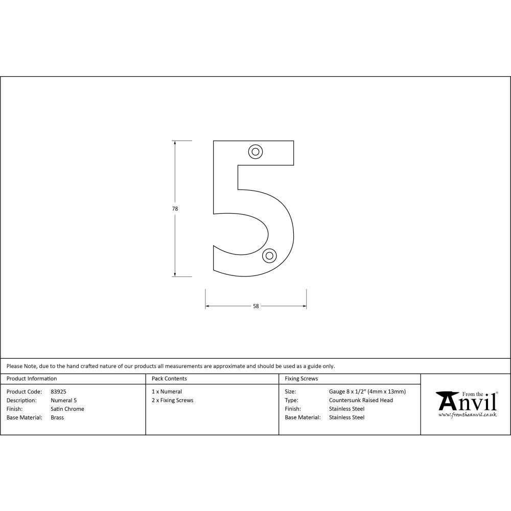 High quality image of From The Anvil - Satin Chrome Numeral 5 | Sku. 83925 | Trade Door Handles, Kendal.