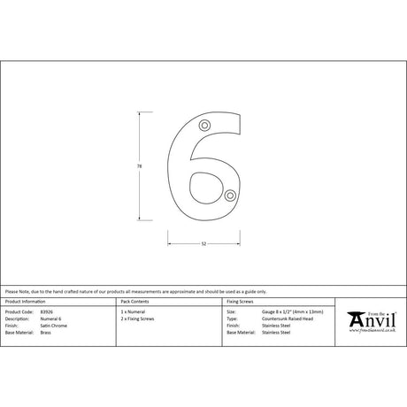 High quality image of From The Anvil - Satin Chrome Numeral 6 | Sku. 83926 | Trade Door Handles, Kendal.