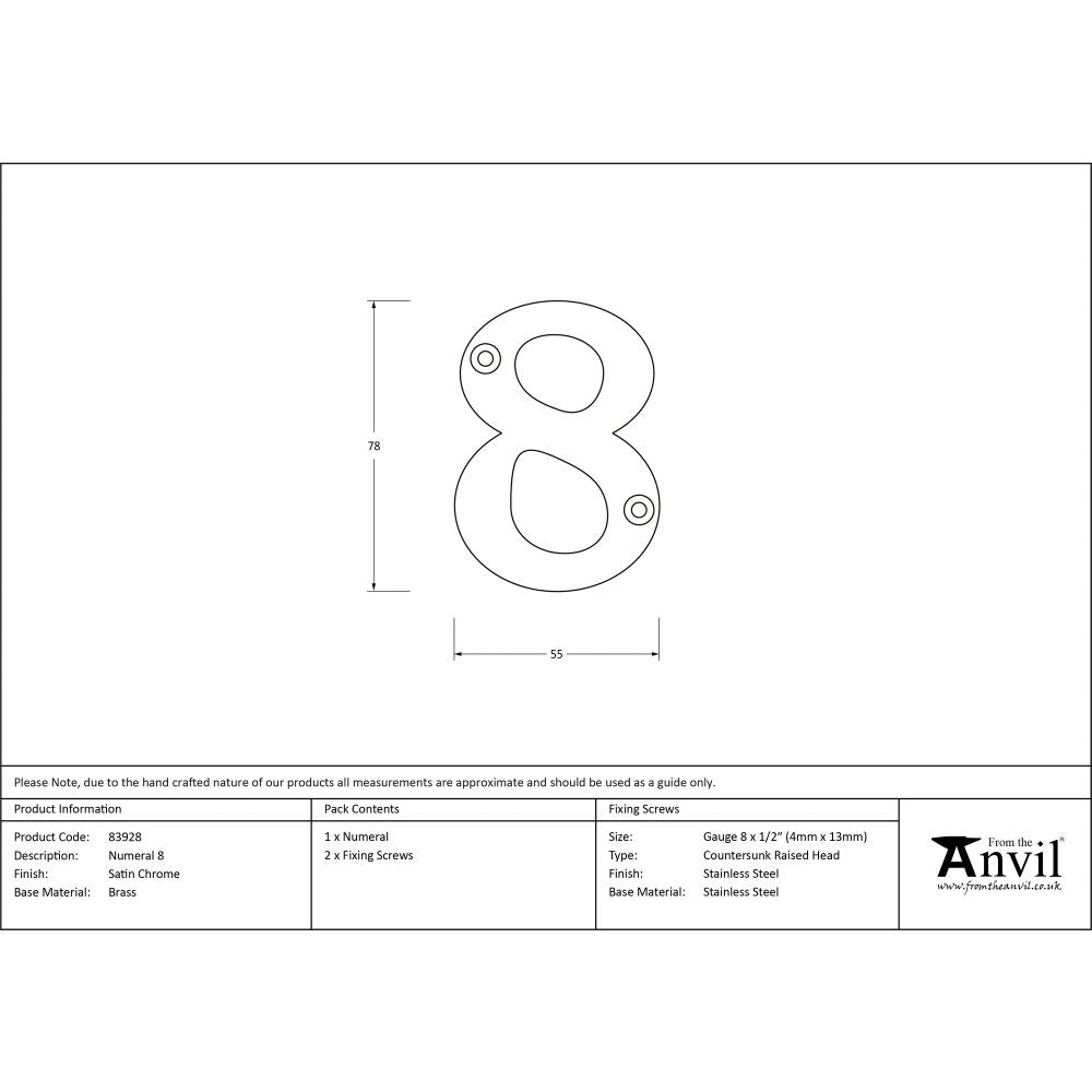 High quality image of From The Anvil - Satin Chrome Numeral 8 | Sku. 83928 | Trade Door Handles, Kendal.