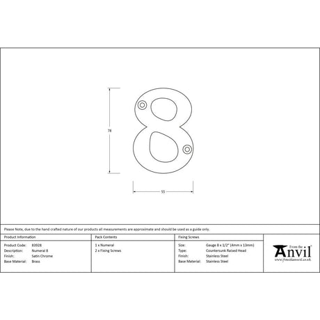 High quality image of From The Anvil - Satin Chrome Numeral 8 | Sku. 83928 | Trade Door Handles, Kendal.