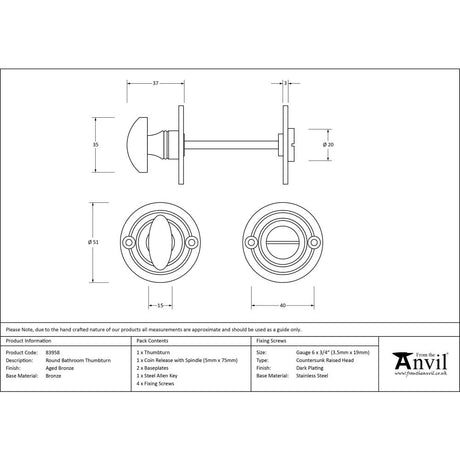 This is an image showing From The Anvil - Aged Bronze Round Bathroom Thumbturn available from trade door handles, quick delivery and discounted prices