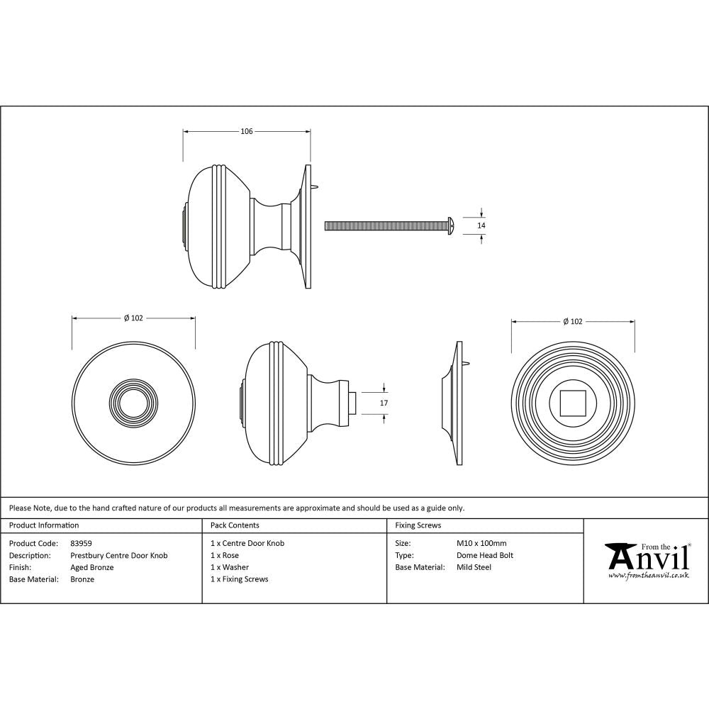 This is an image showing From The Anvil - Aged Bronze Prestbury Centre Door Knob available from trade door handles, quick delivery and discounted prices