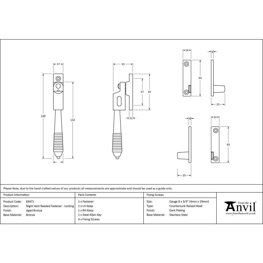 This is an image showing From The Anvil - Aged Bronze Night-Vent Locking Reeded Fastener available from trade door handles, quick delivery and discounted prices