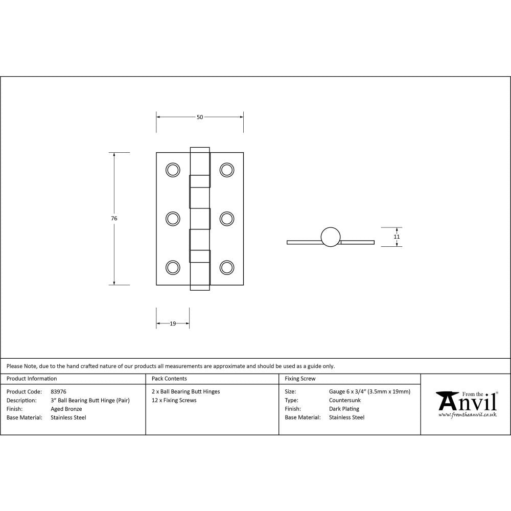 This is an image showing From The Anvil - Aged Bronze 3" Ball Bearing Butt Hinge (pair) ss available from trade door handles, quick delivery and discounted prices