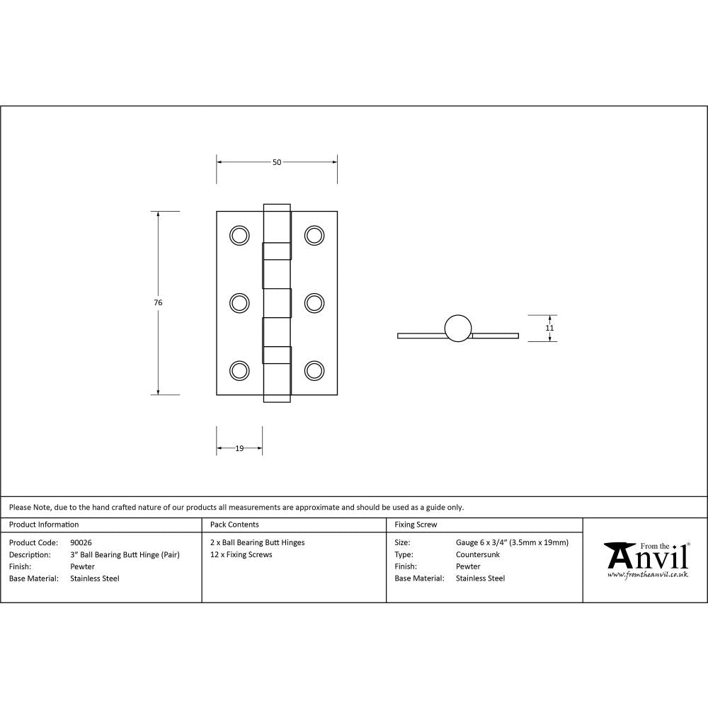 This is an image showing From The Anvil - Pewter 3" Ball Bearing Butt Hinge (Pair) ss available from trade door handles, quick delivery and discounted prices