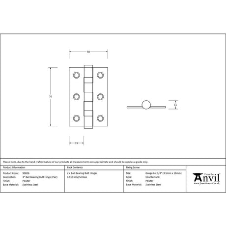 This is an image showing From The Anvil - Pewter 3" Ball Bearing Butt Hinge (Pair) ss available from trade door handles, quick delivery and discounted prices