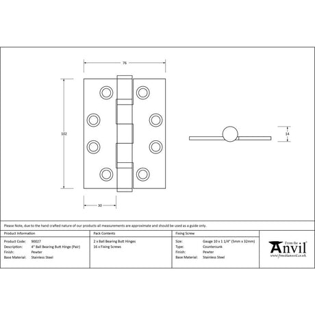 This is an image showing From The Anvil - Pewter 4" Ball Bearing Butt Hinge (Pair) ss available from trade door handles, quick delivery and discounted prices