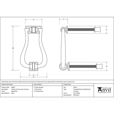 This is an image showing From The Anvil - Aged Brass Slimline Art Deco Door Knocker available from trade door handles, quick delivery and discounted prices