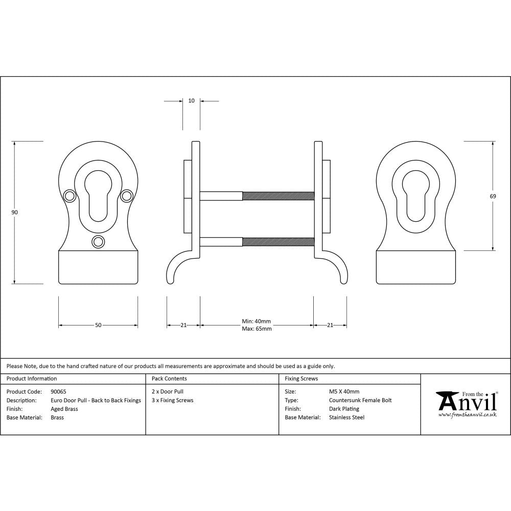 This is an image showing From The Anvil - Aged Brass 50mm Euro Door Pull (Back to Back fixings) available from trade door handles, quick delivery and discounted prices