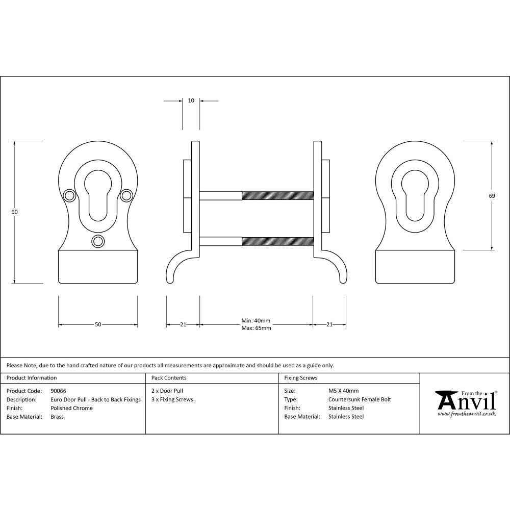 This is an image showing From The Anvil - Polished Chrome 50mm Euro Door Pull (Back to Back fixings) available from trade door handles, quick delivery and discounted prices