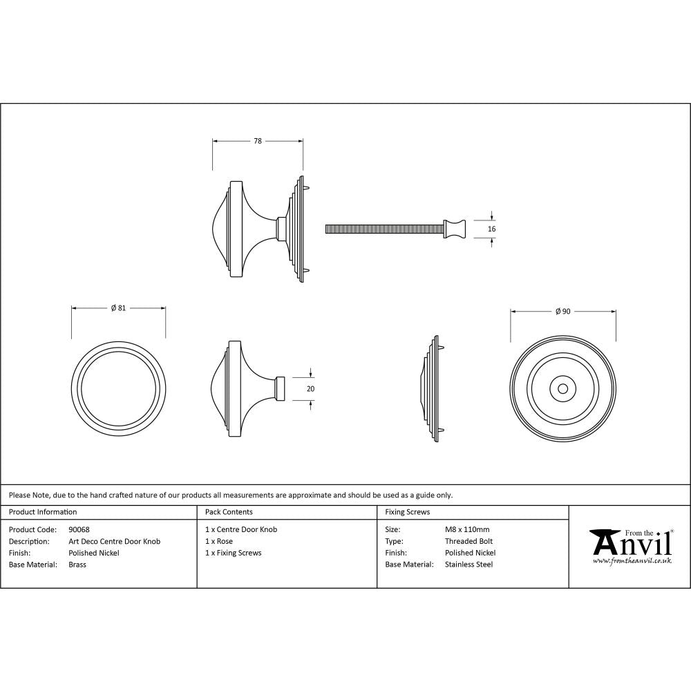 This is an image showing From The Anvil - Polished Nickel Art Deco Centre Door Knob available from trade door handles, quick delivery and discounted prices