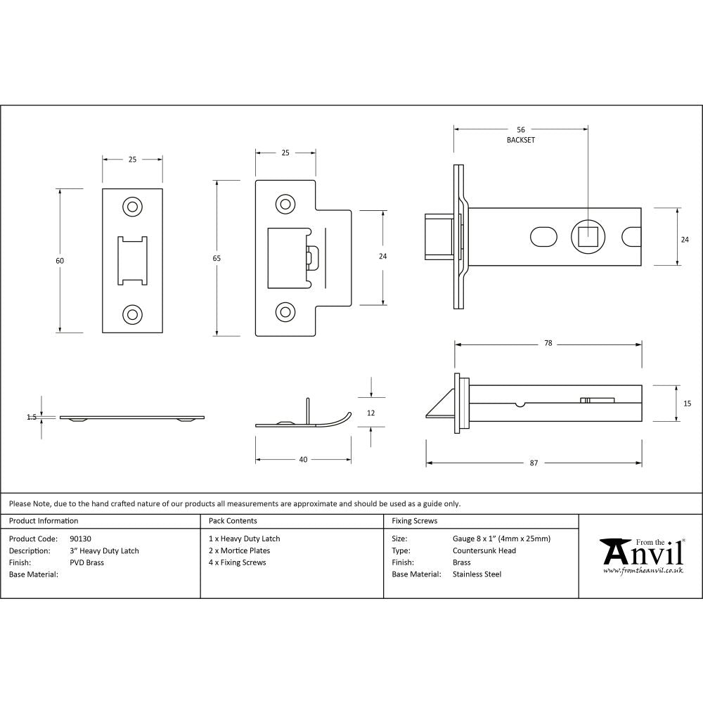 This is an image showing From The Anvil - PVD Brass 3" Heavy Duty Latch available from trade door handles, quick delivery and discounted prices