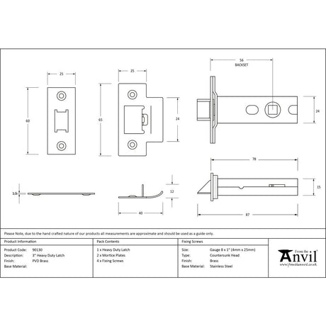 High quality image of From The Anvil - PVD Brass 3" Heavy Duty Latch | Sku. 90130 | Trade Door Handles, Kendal.