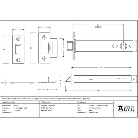 High quality image of From The Anvil - PVD Brass 5" Heavy Duty Latch | Sku. 90132 | Trade Door Handles, Kendal.