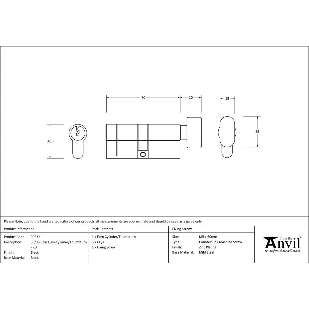 This is an image showing From The Anvil - Black 35/35 6pin Euro Cylinder/Thumbturn KD available from trade door handles, quick delivery and discounted prices