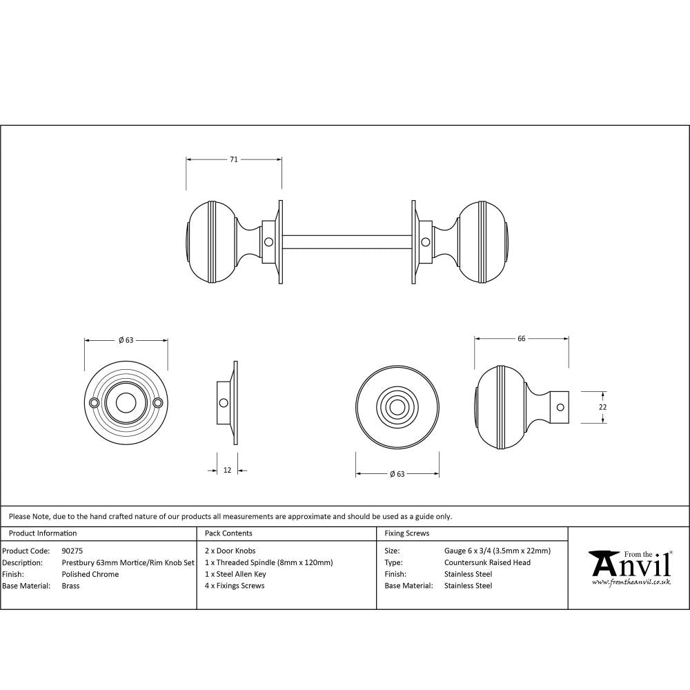 This is an image showing From The Anvil - Polished Chrome 63mm Prestbury Mortice/Rim Knob Set available from trade door handles, quick delivery and discounted prices