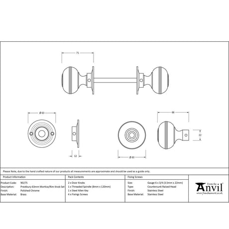 This is an image showing From The Anvil - Polished Chrome 63mm Prestbury Mortice/Rim Knob Set available from trade door handles, quick delivery and discounted prices