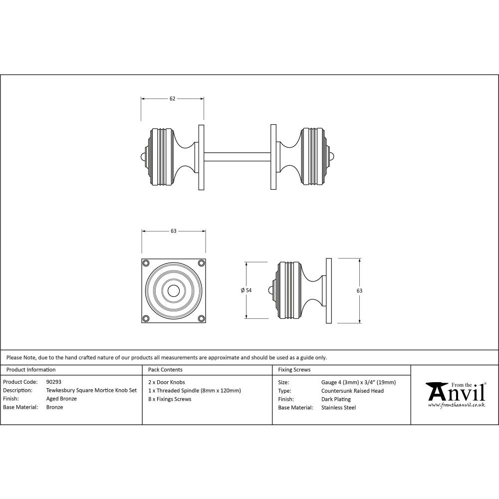 This is an image showing From The Anvil - Aged Bronze Tewkesbury Square Mortice Knob Set available from trade door handles, quick delivery and discounted prices