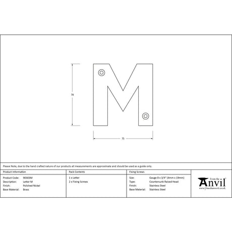 High quality image of From The Anvil - Polished Nickel Letter M | Sku. 90303m | Trade Door Handles, Kendal.