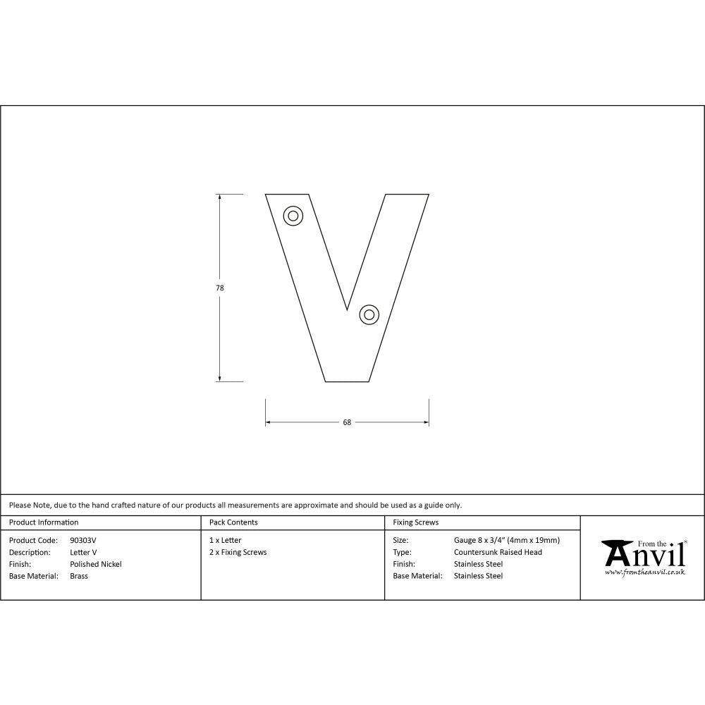 High quality image of From The Anvil - Polished Nickel Letter V | Sku. 90303v | Trade Door Handles, Kendal.