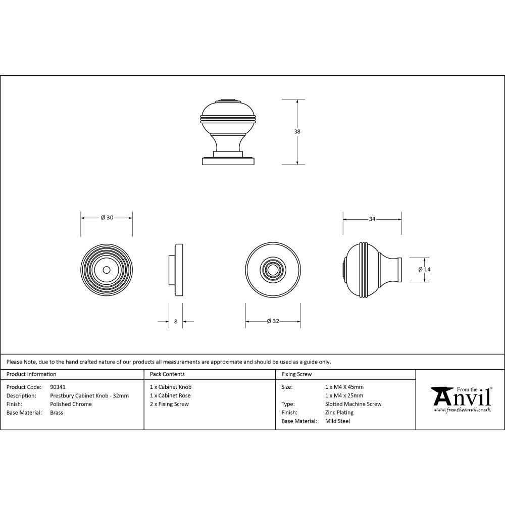 This is an image showing From The Anvil - Polished Chrome Prestbury Cabinet Knob 32mm available from trade door handles, quick delivery and discounted prices